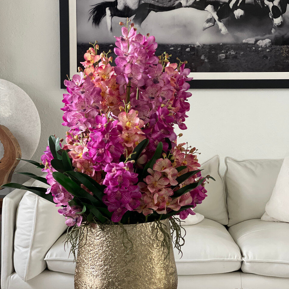 Luxe Orchid Garden in Hammered Gold Vase — Fuchsia & Peach Tones