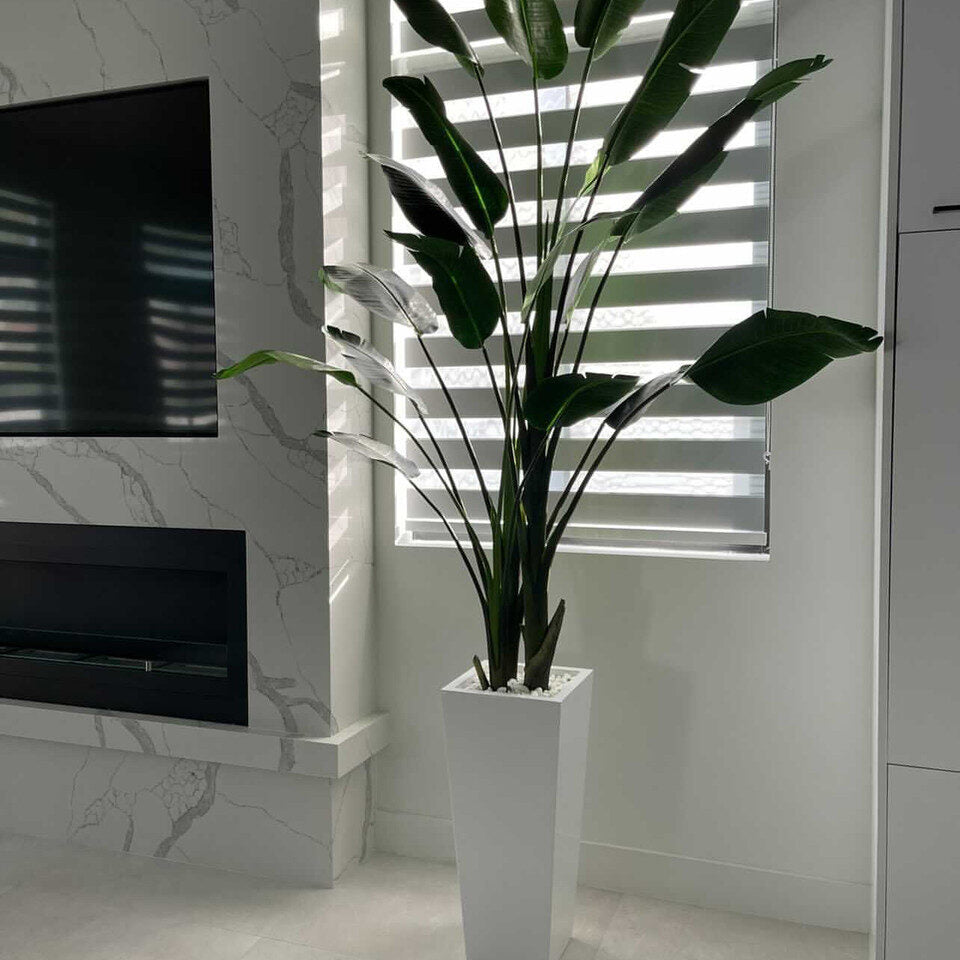 Tall Artificial Bird of Paradise in White Tapered Planter
