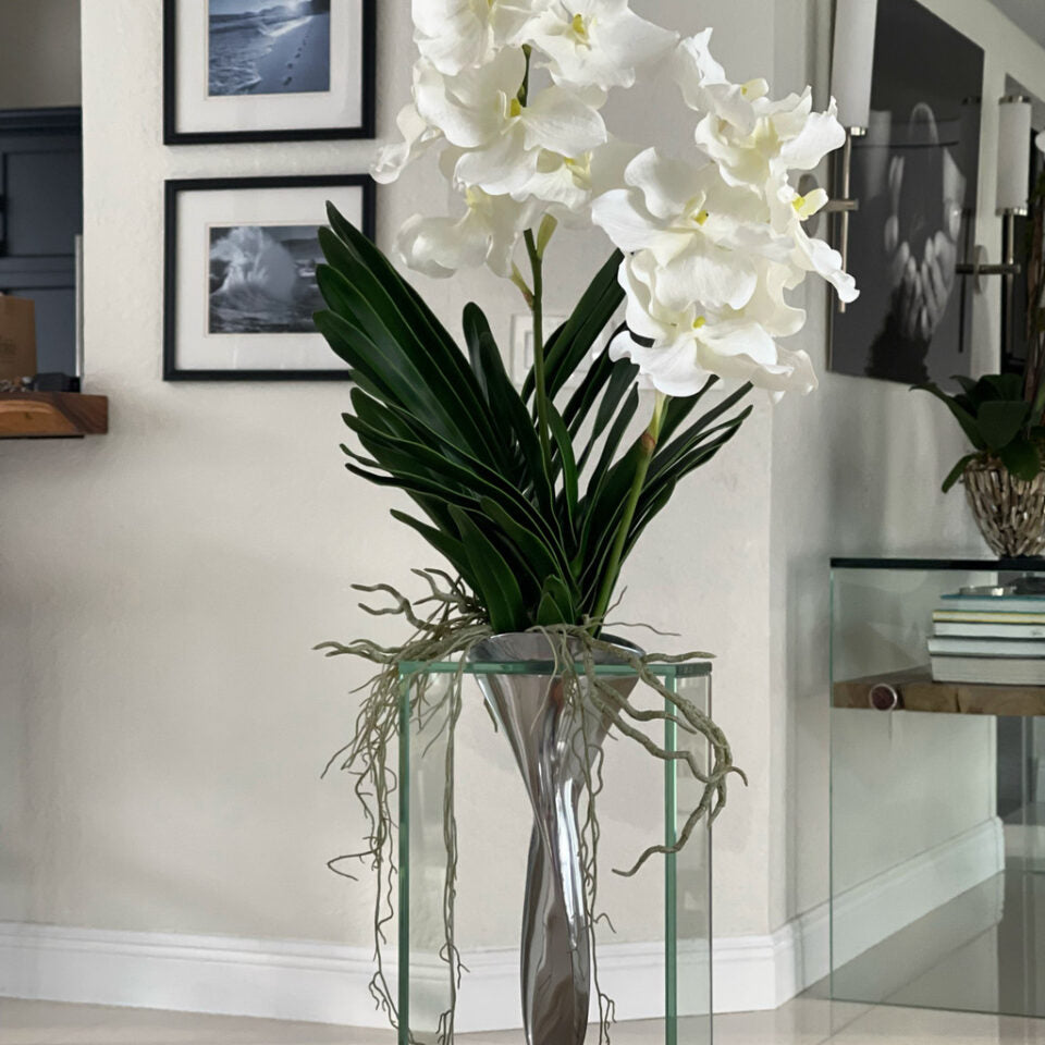 Minimal White Orchid Sculpture in Polished Silver Vase