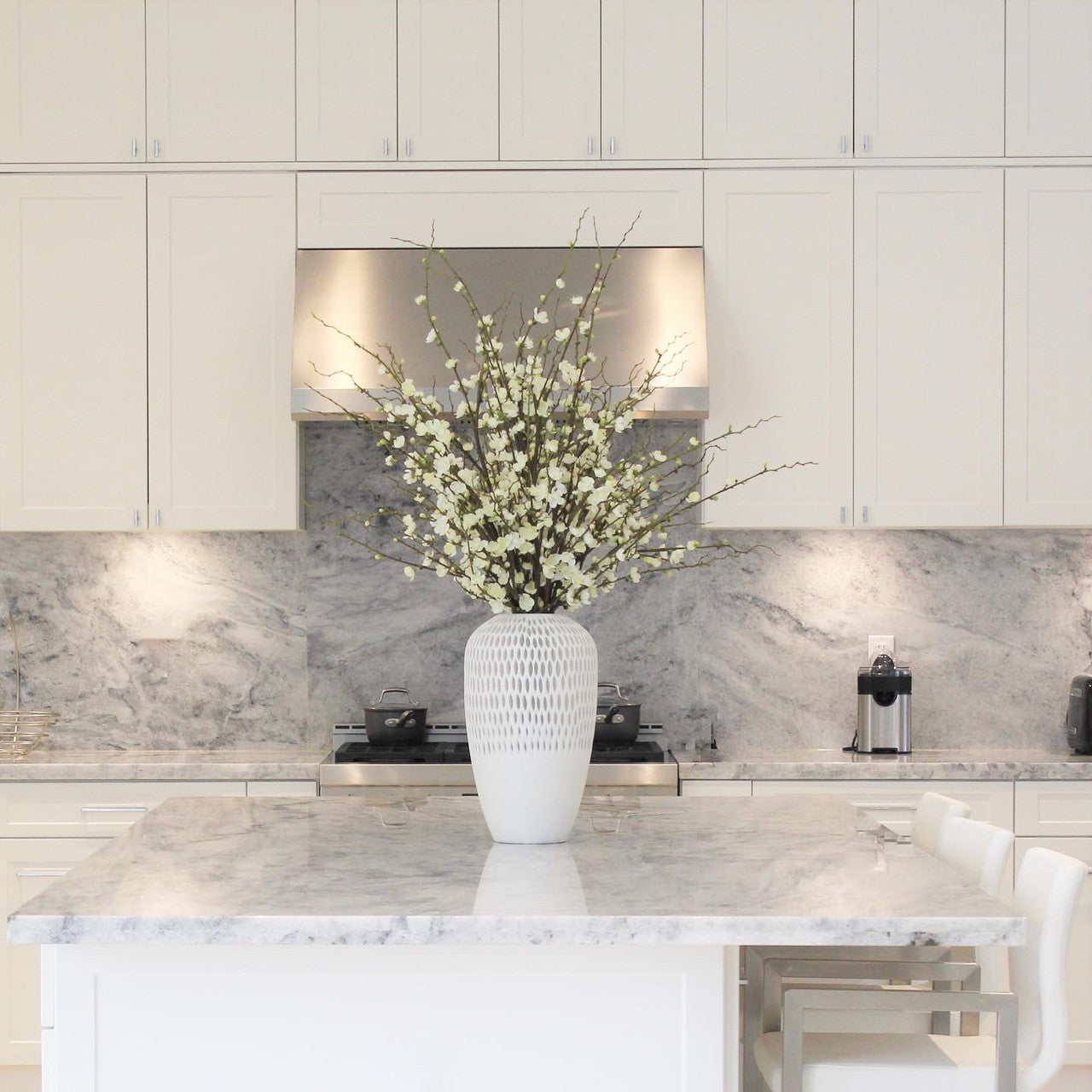 White Mini Blossom Arrangement in Textured Ceramic Vase