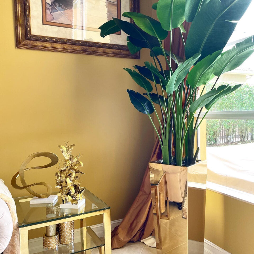 Duo Set – Tall Bird of Paradise in Gold Mirror Tower Planters