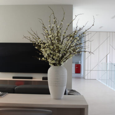 White Mini Blossom Arrangement in Textured Ceramic Vase