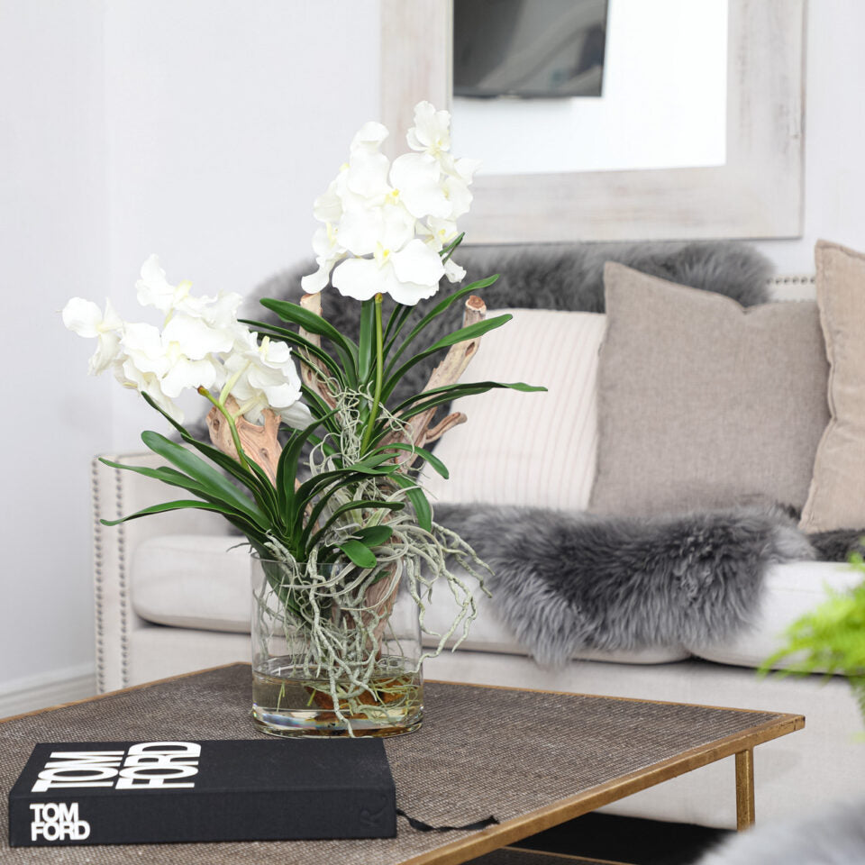 White Orchid & Natural Driftwood Arrangement in Clear Glass Vase