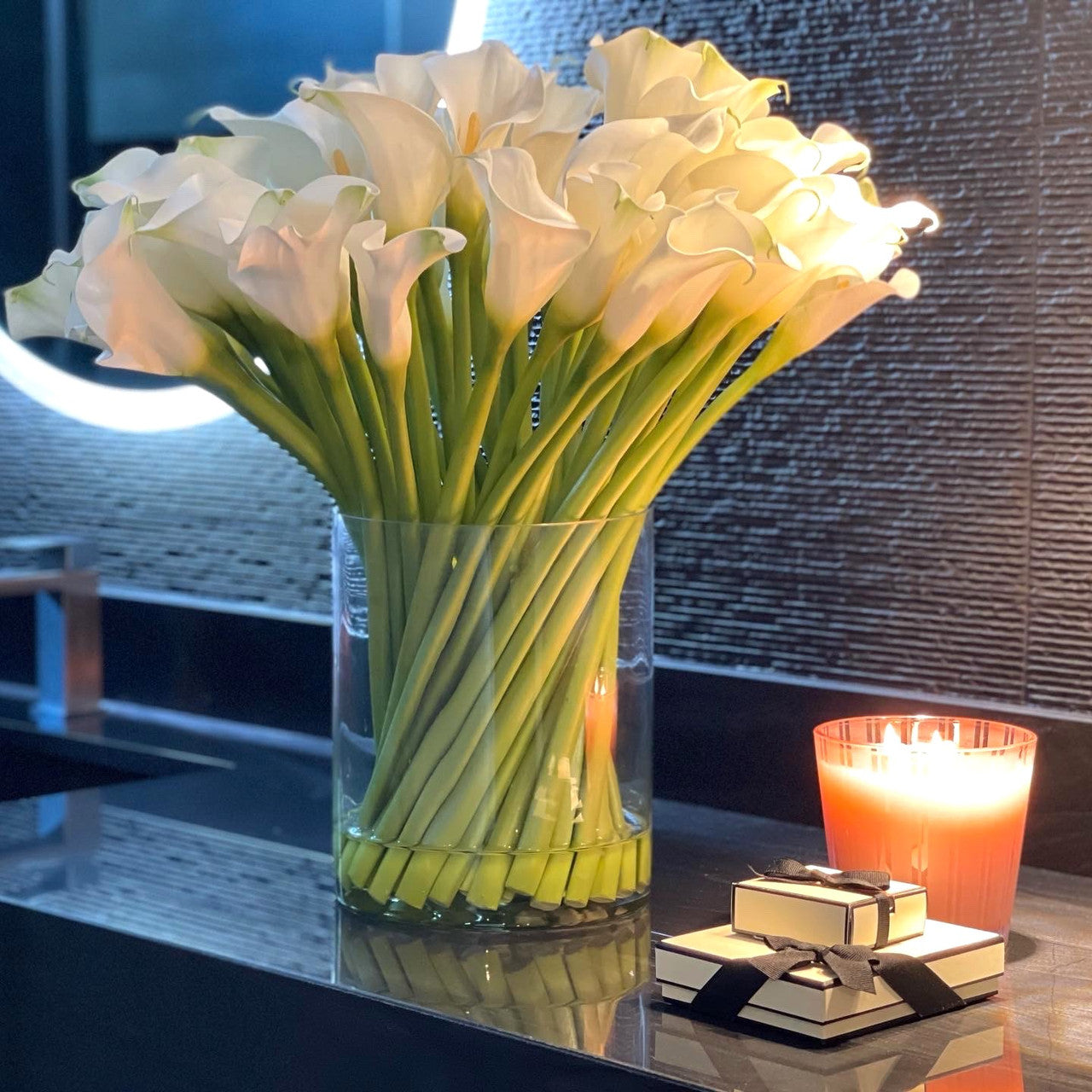 Cala Lilies in a 25 cm Glass Cylinder