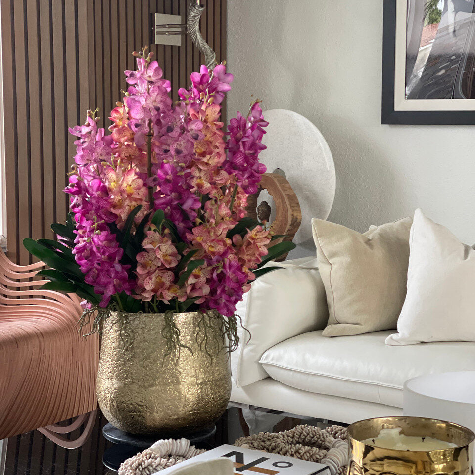Luxe Orchid Garden in Hammered Gold Vase — Fuchsia & Peach Tones