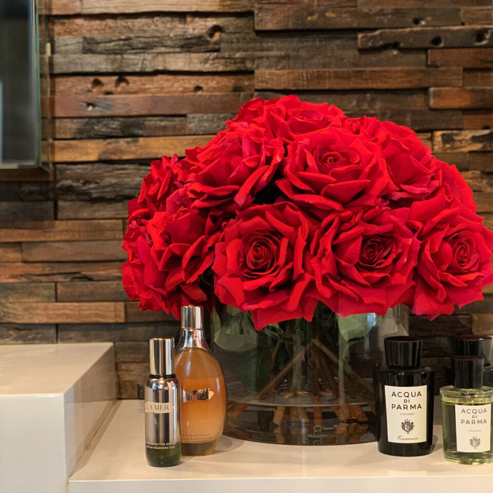 Classic Red Rose Luxe Arrangement in Low Glass Bowl