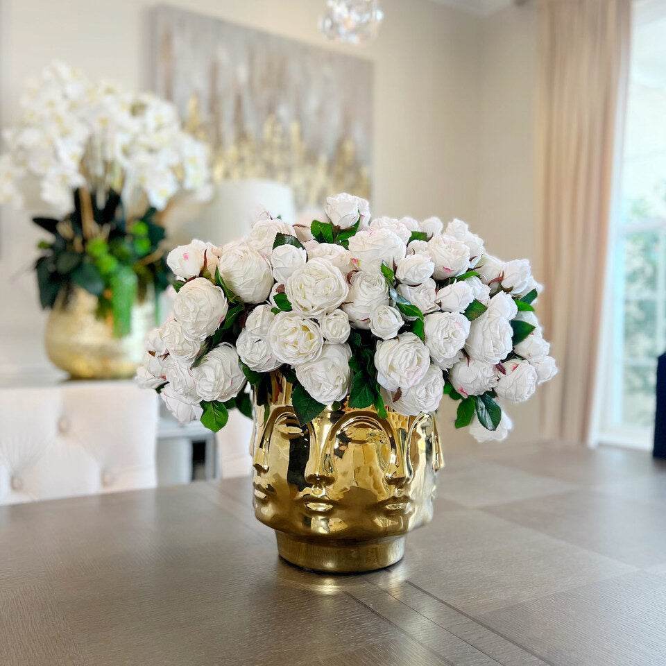 White Rose Luxury Bloom Bowl in Gold Face Sculpture Vase