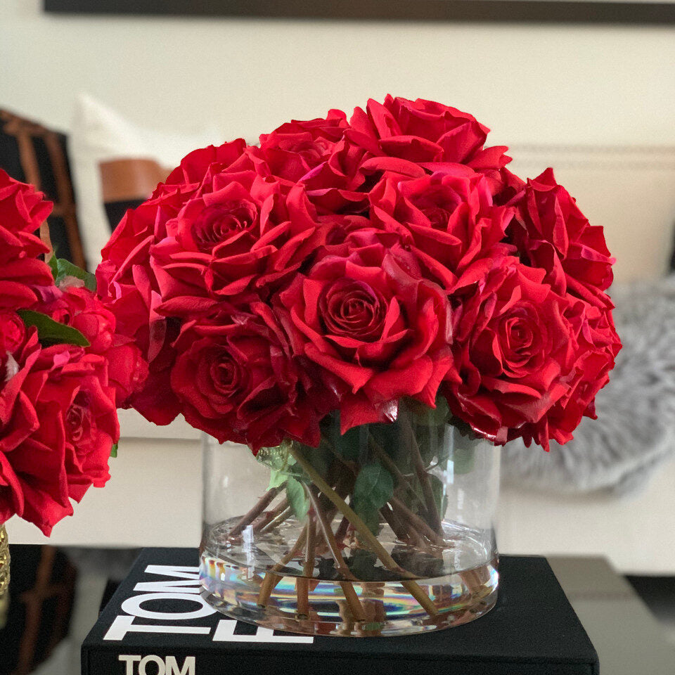 Classic Red Rose Luxe Arrangement in Low Glass Bowl