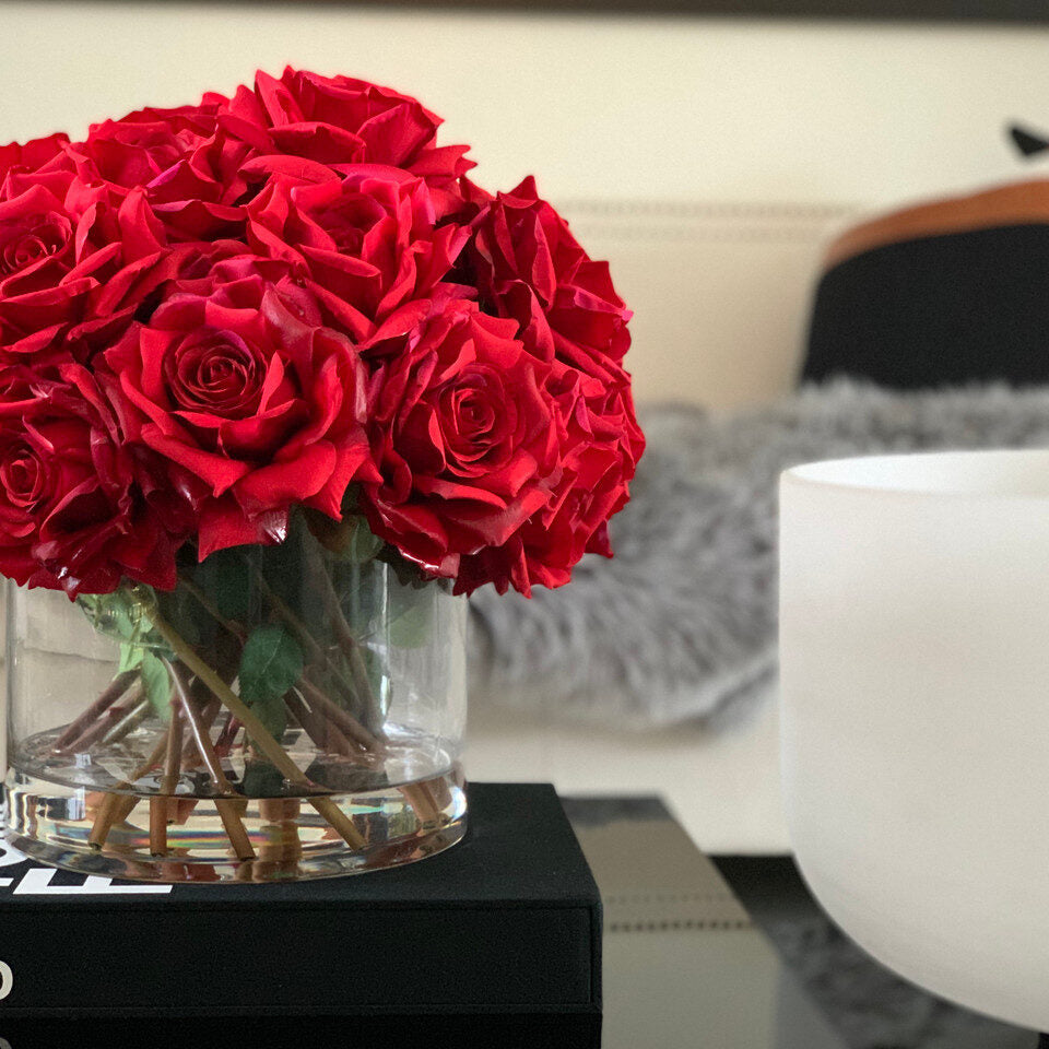 Classic Red Rose Luxe Arrangement in Low Glass Bowl