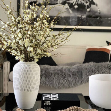 White Mini Blossom Arrangement in Textured Ceramic Vase