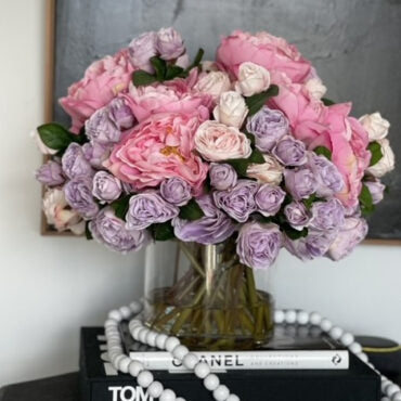 Pink & Lilac Peony Rose Arrangement in Glass Vase