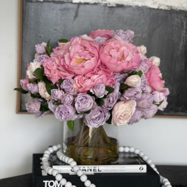 Pink & Lilac Peony Rose Arrangement in Glass Vase