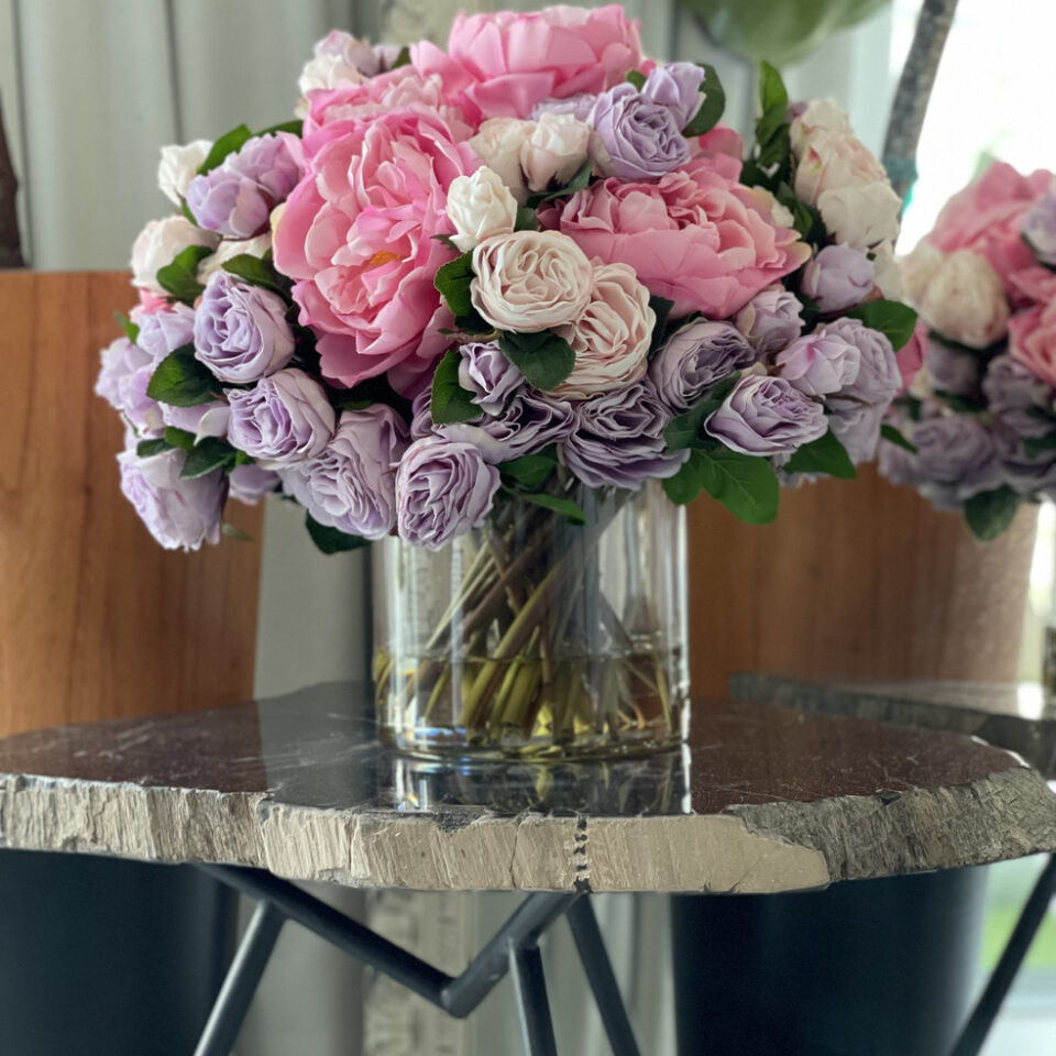 Pink & Lilac Peony Rose Arrangement in Glass Vase