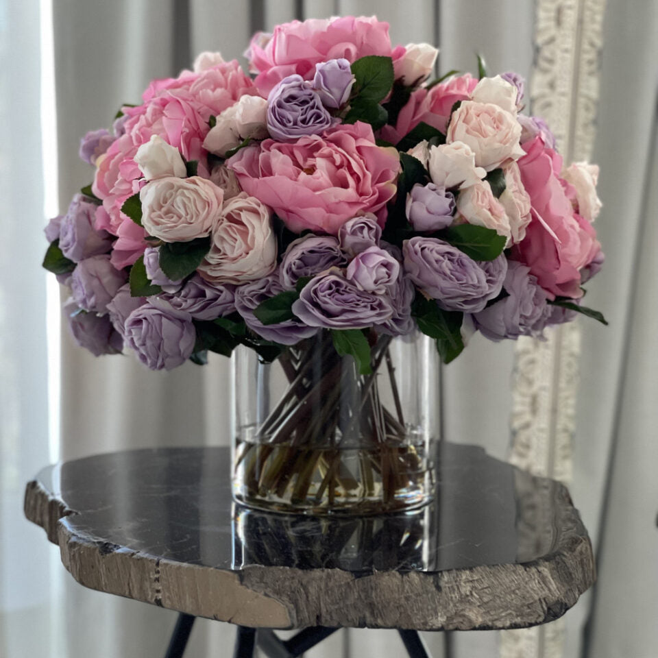 Pink & Lilac Peony Rose Arrangement in Glass Vase