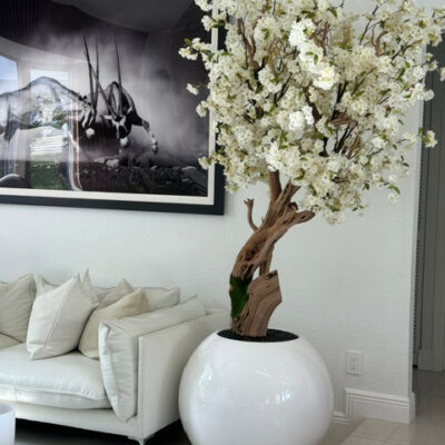 Premium Artificial White Cherry Blossom Tree – Round Gloss White Vase Edition