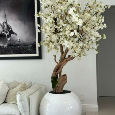 Premium Artificial White Cherry Blossom Tree – Round Gloss White Vase Edition