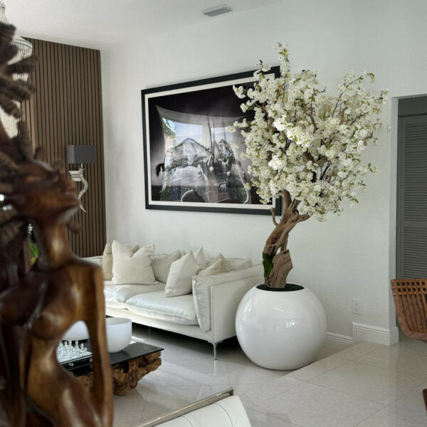 Premium Artificial White Cherry Blossom Tree – Round Gloss White Vase Edition