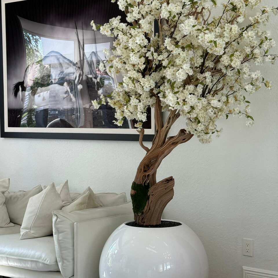 Premium Artificial White Cherry Blossom Tree – Round Gloss White Vase Edition