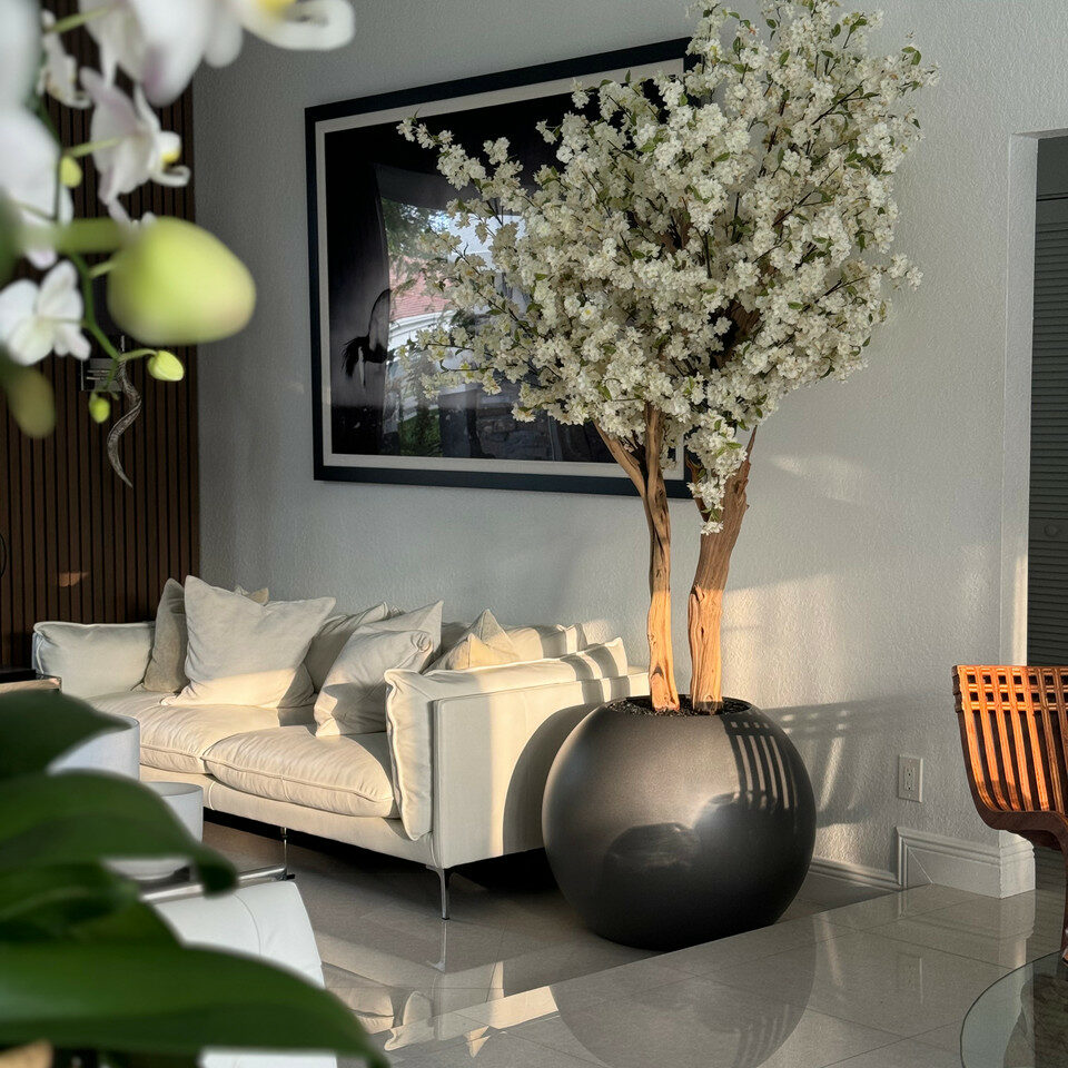White Artificial Cherry Blossom Tree – Charcoal Round Sculptural Planter