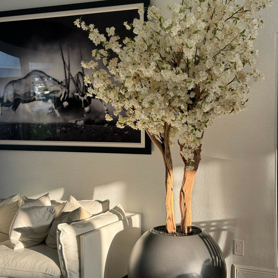 White Artificial Cherry Blossom Tree – Charcoal Round Sculptural Planter