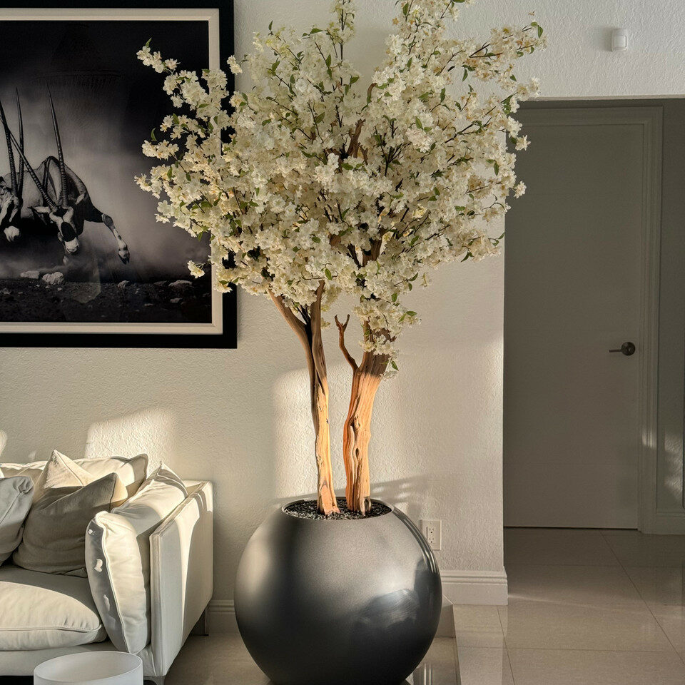 White Artificial Cherry Blossom Tree – Charcoal Round Sculptural Planter