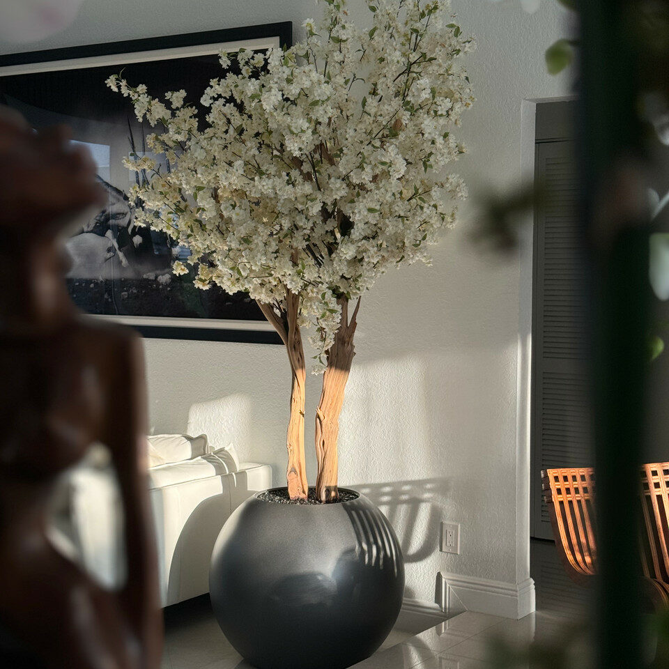 White Artificial Cherry Blossom Tree – Charcoal Round Sculptural Planter