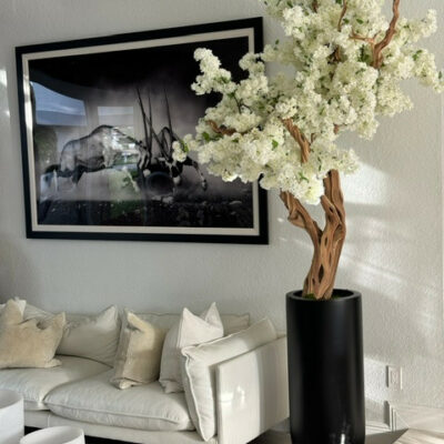 White Artificial Cherry Blossom Sculpture Tree – Tall Matte Black Planter