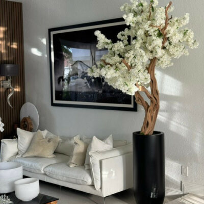 White Artificial Cherry Blossom Sculpture Tree – Tall Matte Black Planter