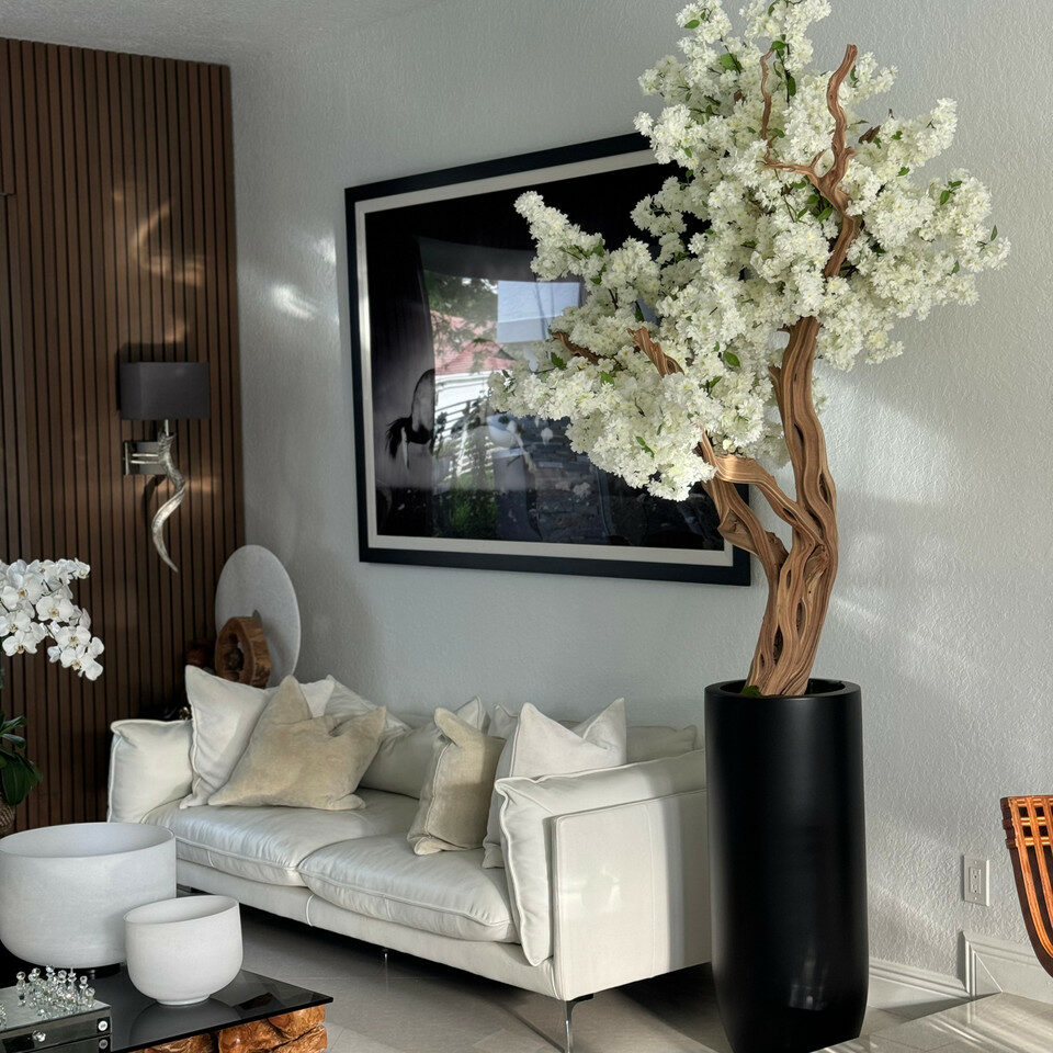 White Artificial Cherry Blossom Sculpture Tree – Tall Matte Black Planter