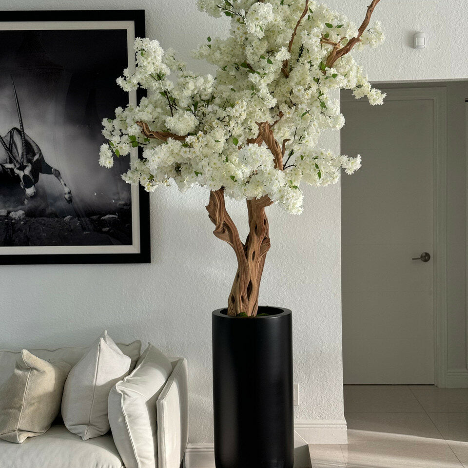 White Artificial Cherry Blossom Sculpture Tree – Tall Matte Black Planter