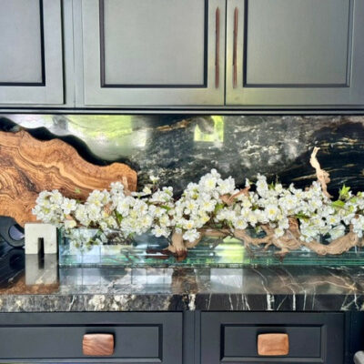 White Cherry Blossom Driftwood Arrangement – Long Glass Trough Display