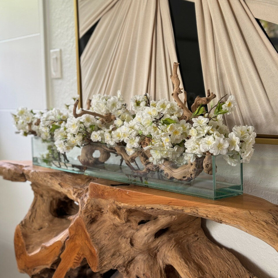 White Cherry Blossom Driftwood Arrangement – Long Glass Trough Display
