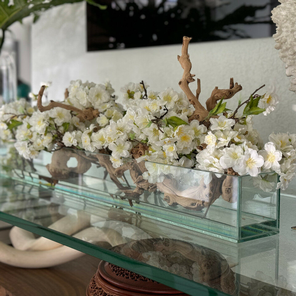 White Cherry Blossom Driftwood Arrangement – Long Glass Trough Display