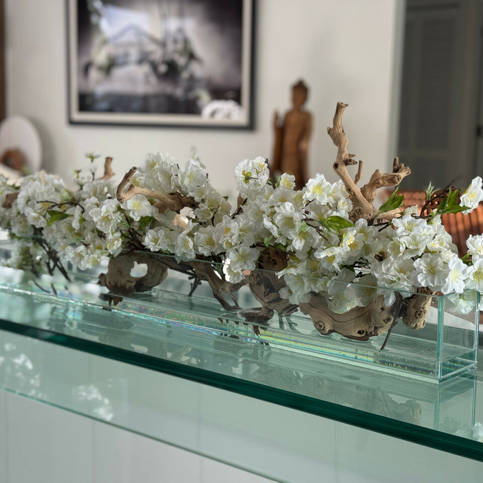 White Cherry Blossom Driftwood Arrangement – Long Glass Trough Display