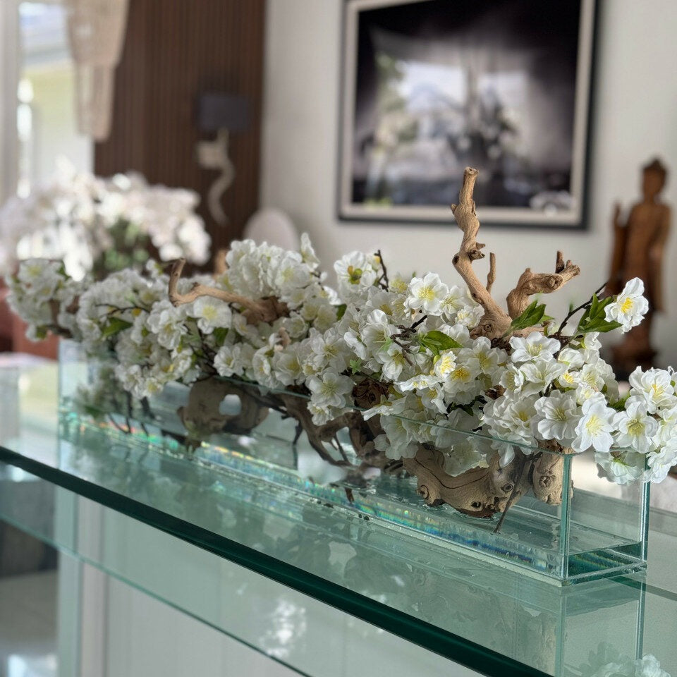 White Cherry Blossom Driftwood Arrangement – Long Glass Trough Display