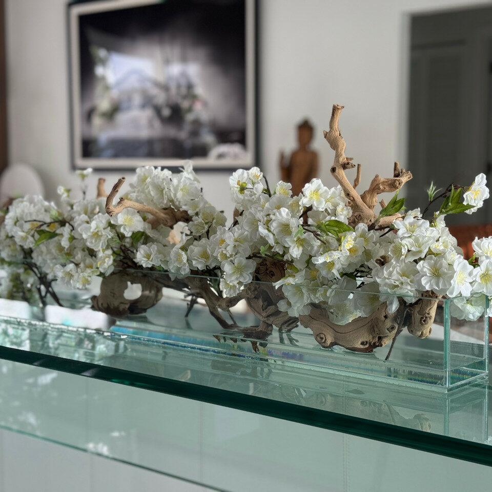 White Cherry Blossom Driftwood Arrangement – Long Glass Trough Display