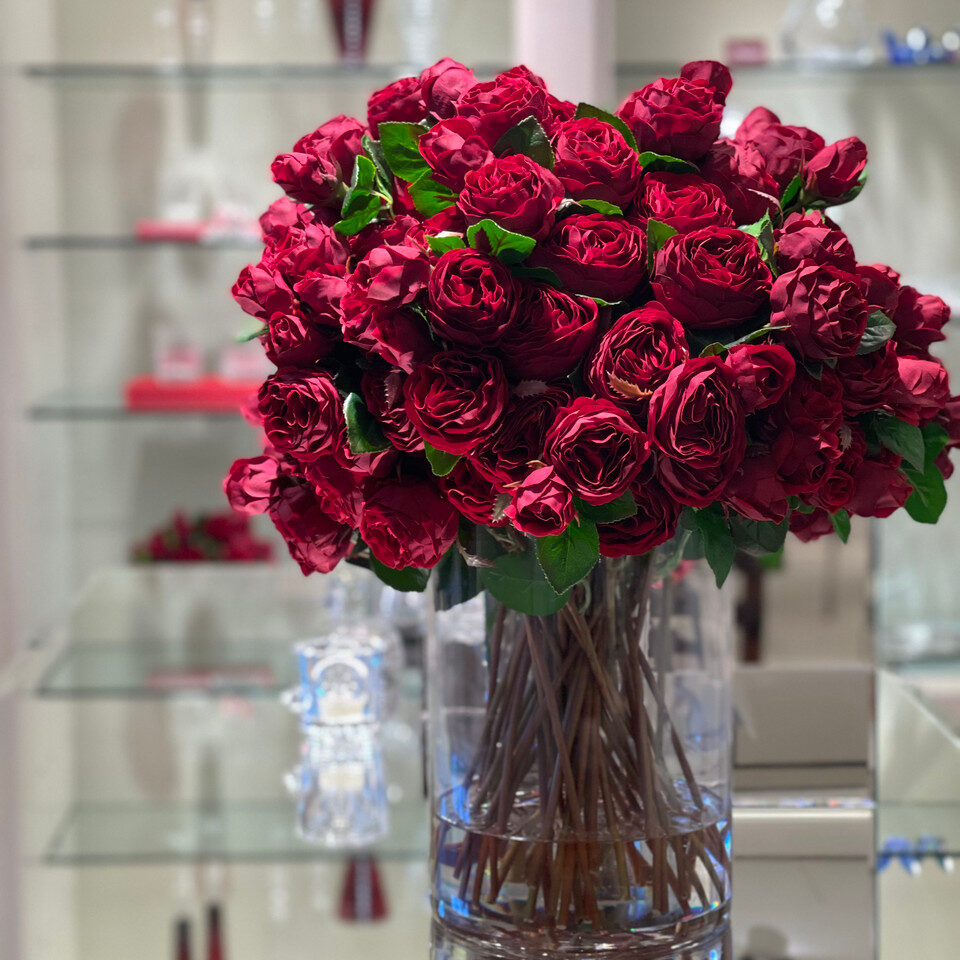 Grand Velvet Red Rose Dome in Tall Clear Glass Vase