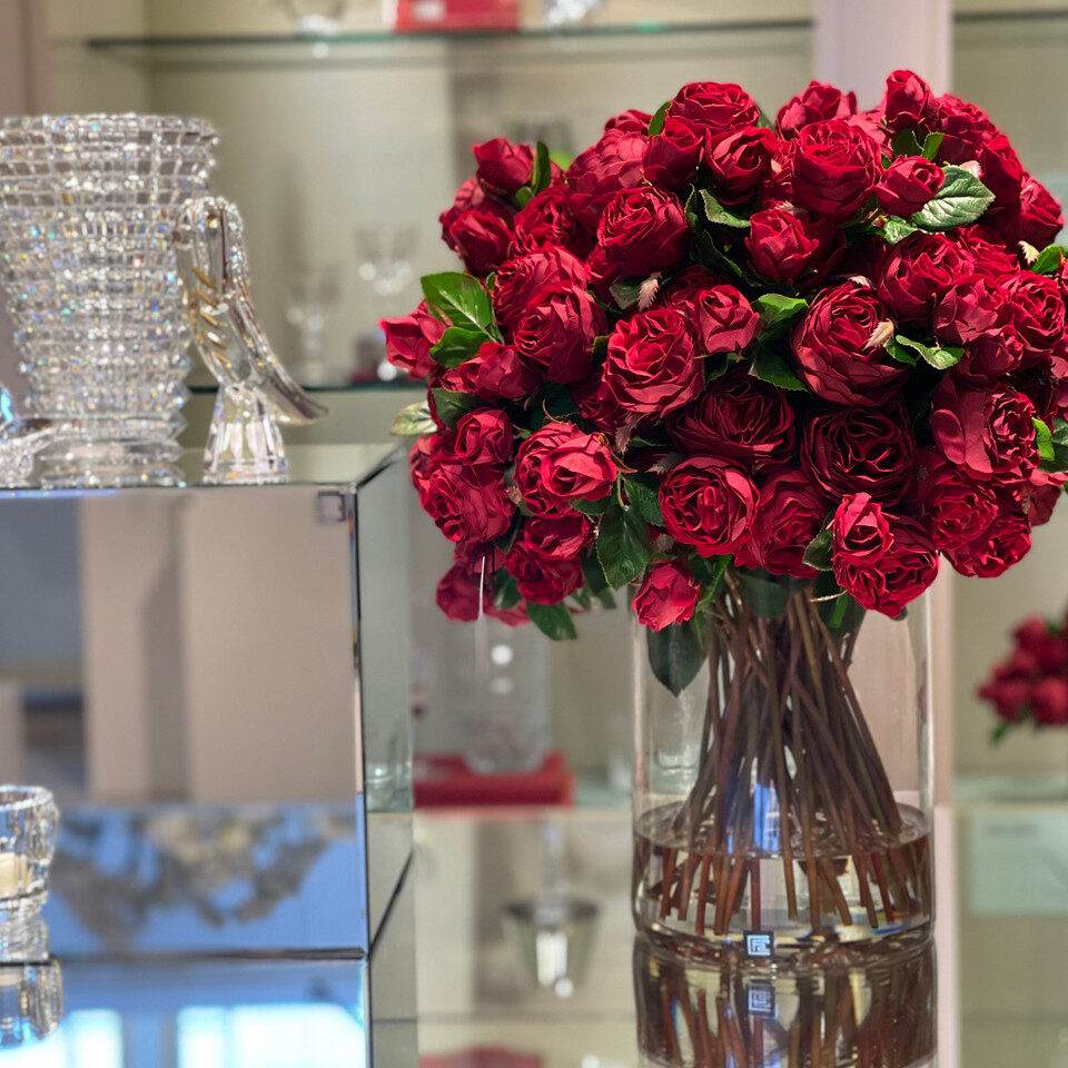Grand Velvet Red Rose Dome in Tall Clear Glass Vase
