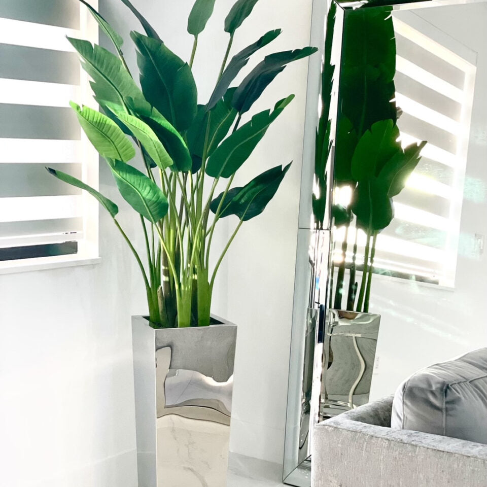 Tall Bird of Paradise in Chrome Mirror Square Planter