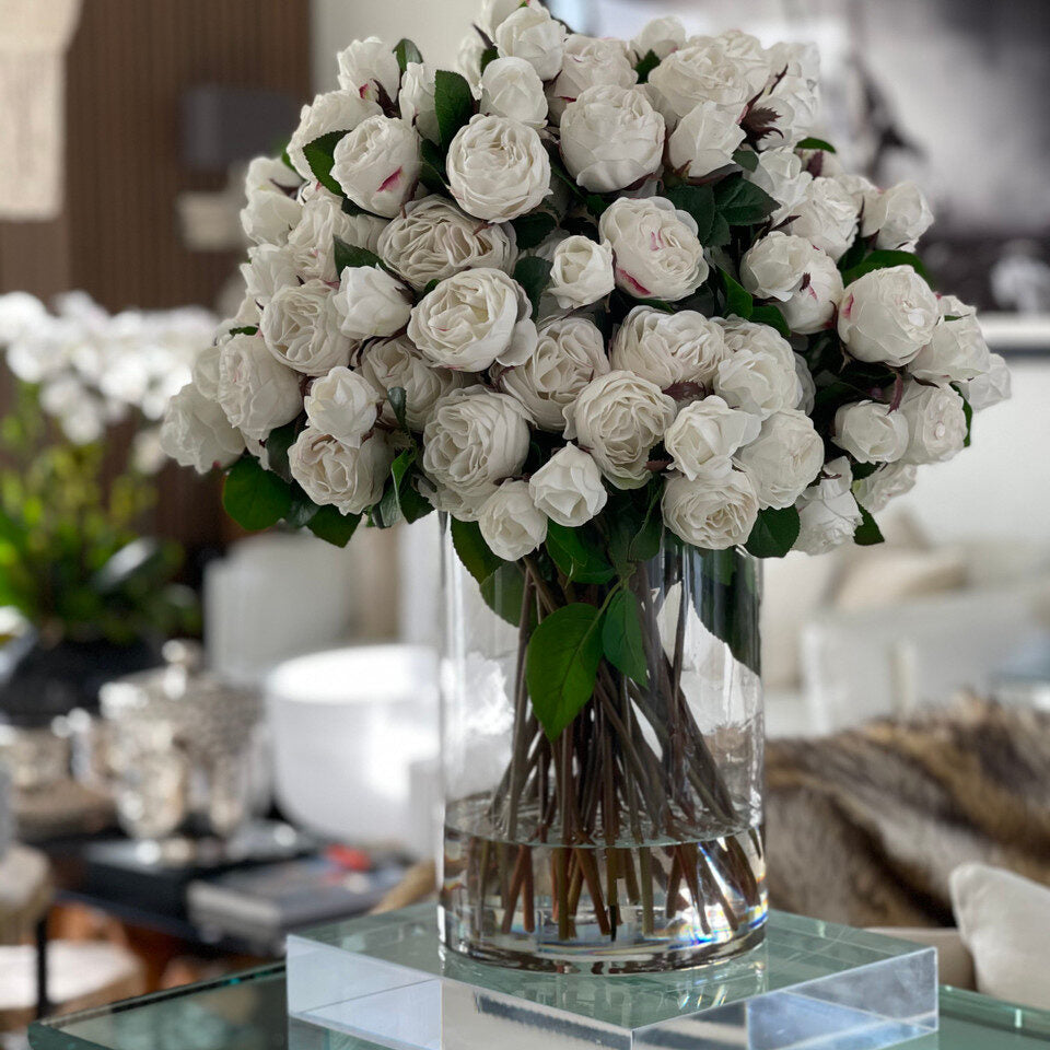 Grand White Rose Dome in Tall Glass Vase