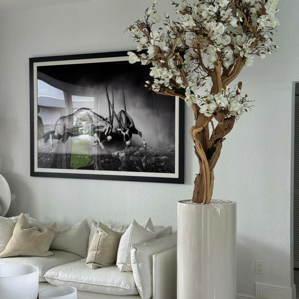 White Magnolia Tree in Tall Gloss Ceramic Planter