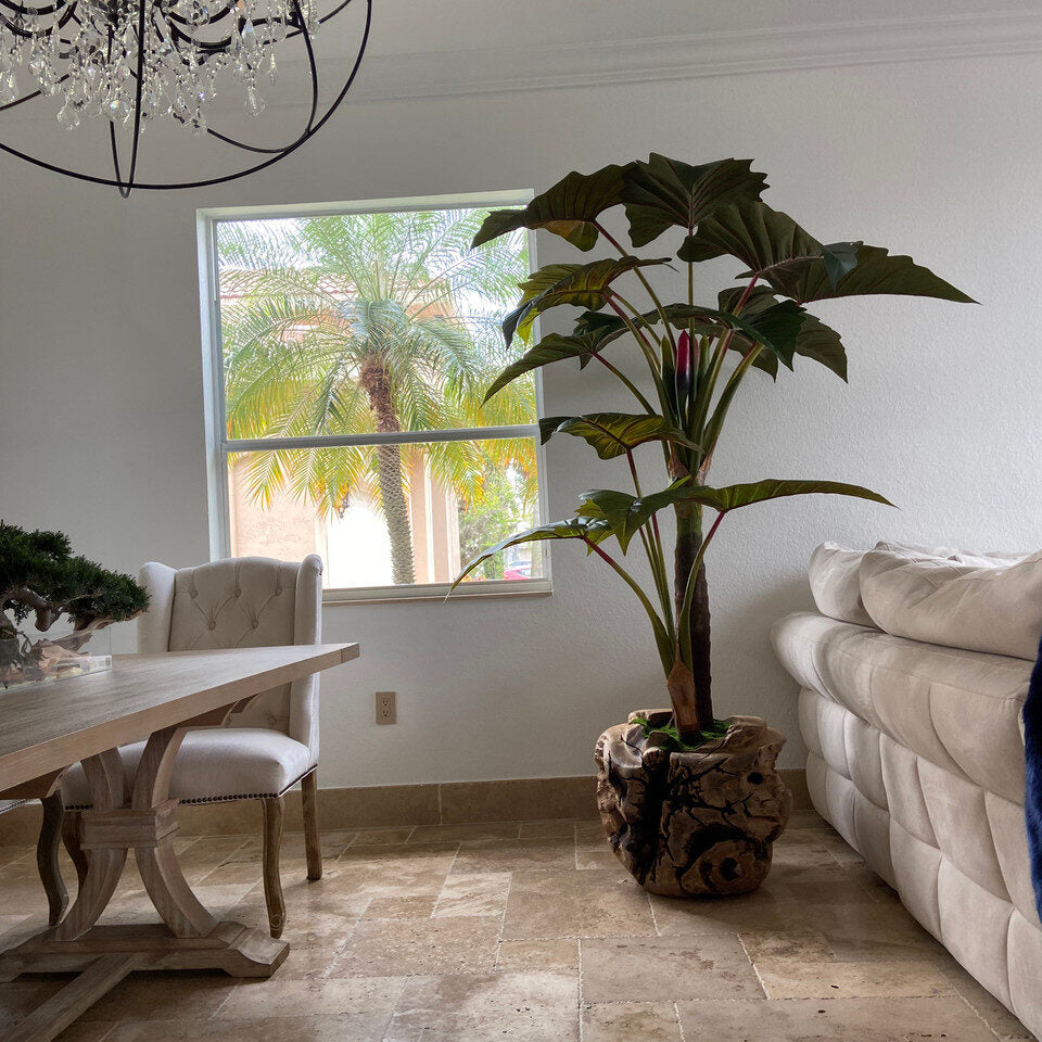 Luxury Artificial Alocasia Tree – Sculpted Teak Root Planter Edition