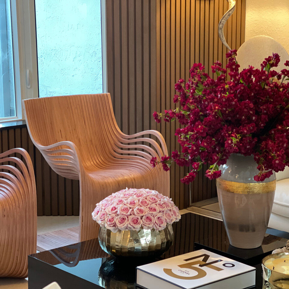 Deep Red Artificial Blossom Arrangement – Gold-Banded Glass Vase Edition