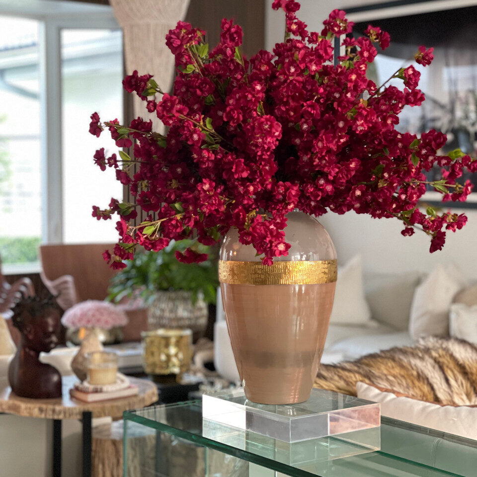 Deep Red Artificial Blossom Arrangement – Gold-Banded Glass Vase Edition