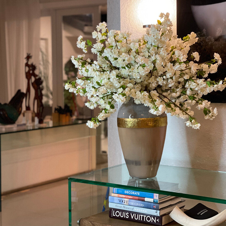 Elegant White Blossom Arrangement in Gold-Banded Ceramic Vase