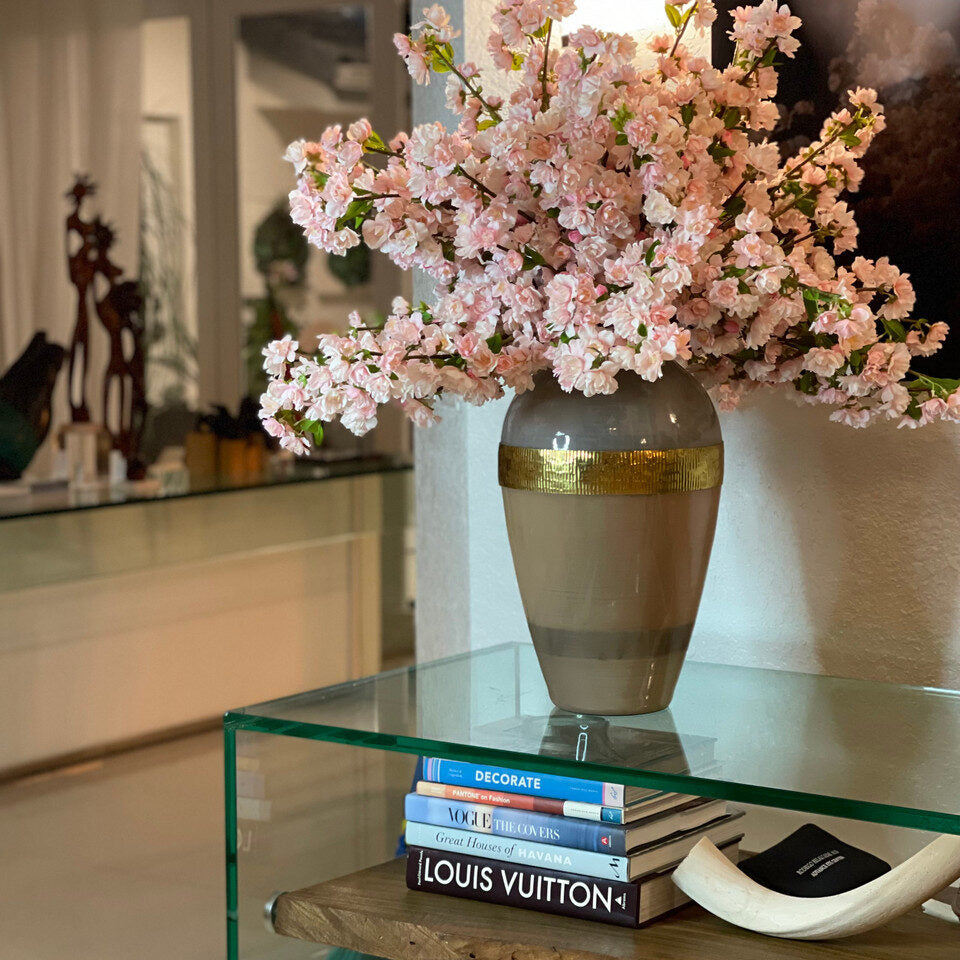 Soft Pink Cherry Blossom Arrangement in Gold-Banded Ceramic Vase