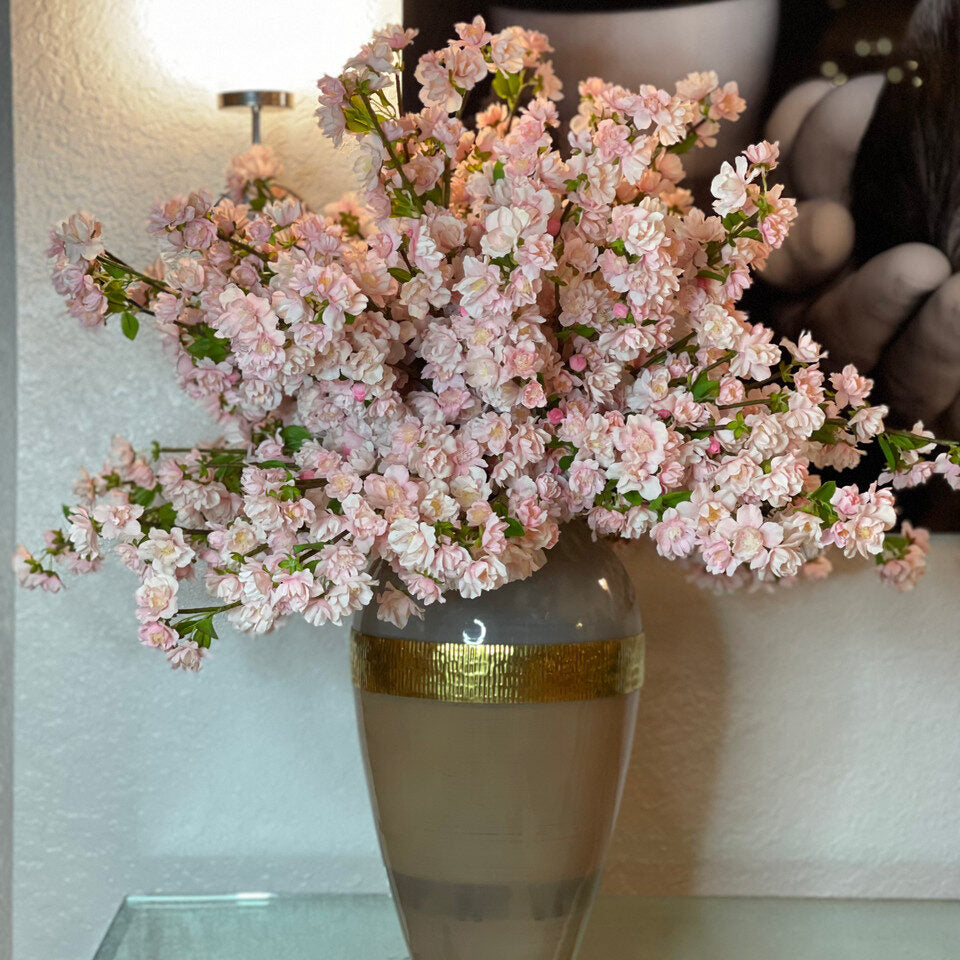 Soft Pink Cherry Blossom Arrangement in Gold-Banded Ceramic Vase