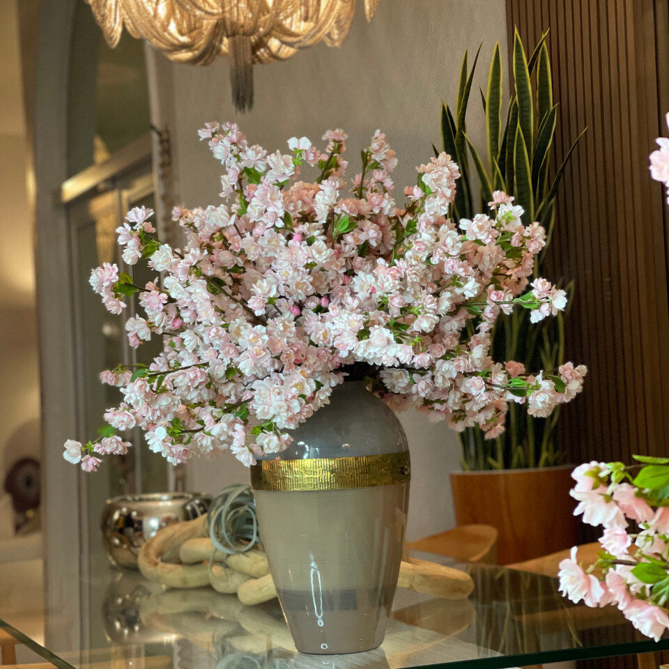 Soft Pink Cherry Blossom Arrangement in Gold-Banded Ceramic Vase
