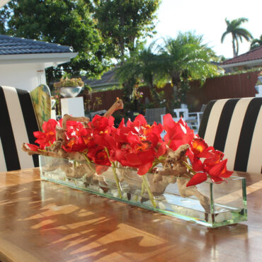 Red Cymbidiums · approx. 48 cm in 48″ Casa Moderna Glass Plate Planter
