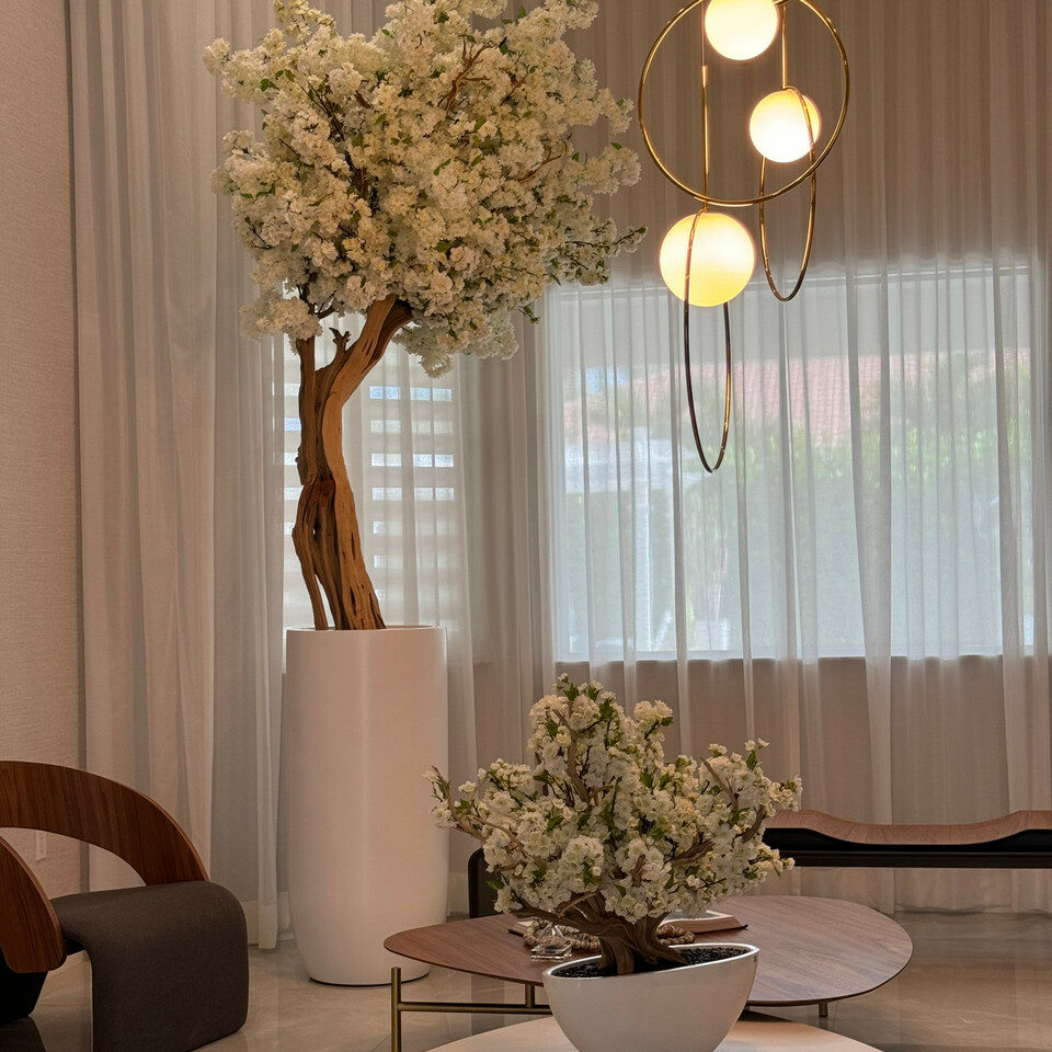 Luxury Artificial White Cherry Blossom Tree – Tall White Vase Edition